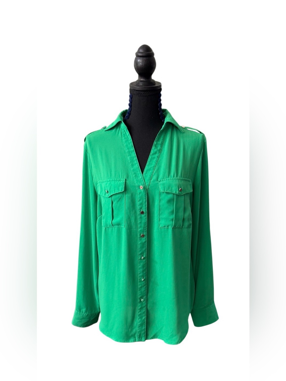 New York & Company Bright Green Button-Front Utility Blouse